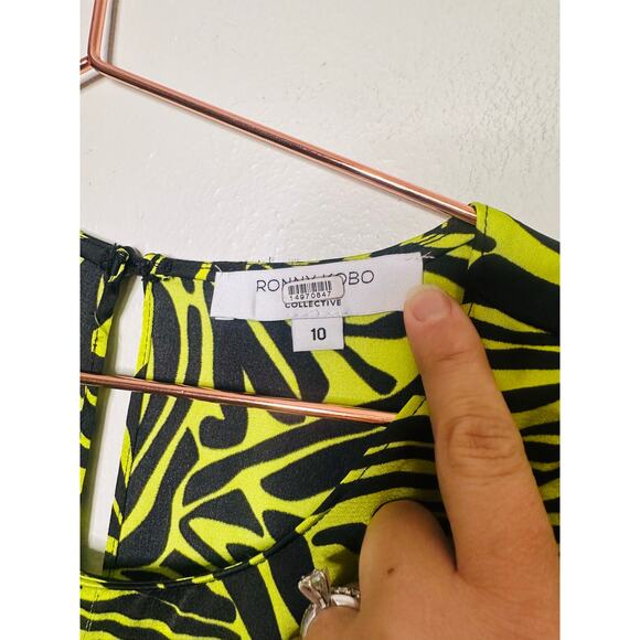 RONNY KOBO Women's Neon Green Zebra Animal Print Side Ruffle Dress Size 10 - Picture 8 of 16